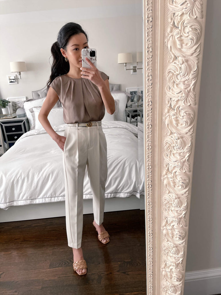 Elegant pleated blouse + lightweight ankle pant