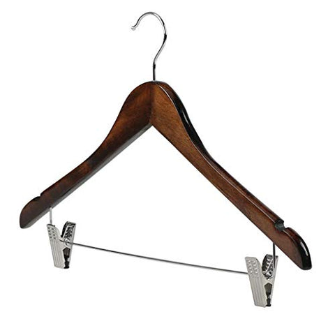 Wooden Clothes Coat Garment Hangers with Trouser Skirt Clips 360° Rotatable Hook-10 Pack,Brown