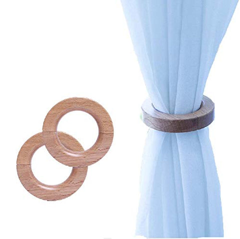 HAIBEIR Wooden Magnetic Curtain Tieback Decorative Drapes Holders Pants Hanger Natural Beechwood Buckles 1 Pair (Natural Wood)