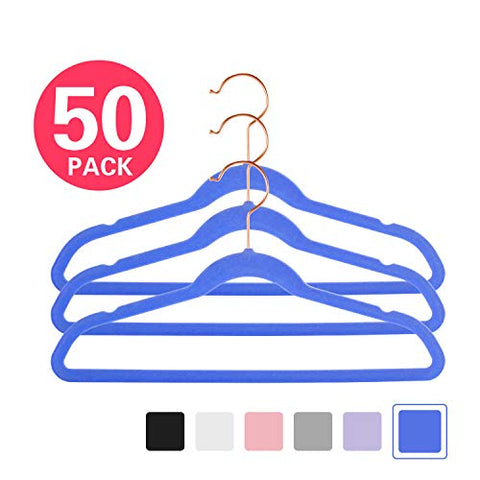 Premium Kids Velvet Hangers (Pack of 50) 14" wide with Copper/Rose Gold Hooks,Space Saving UltraThin,NonSlip Hangers use for Petite Junior Children's skirt dress pants,Clothes Hangers-Royal Blue