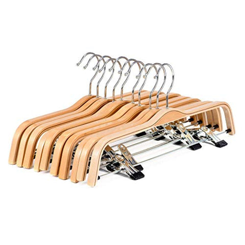 Wood Hangers with Pants Hangers Skirt Hangers Wooden Hangers with 2 Adjustable Clips, Natural Finish -10Pack
