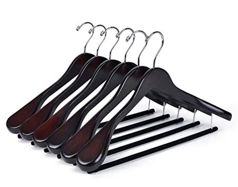 6 Quality Luxury Curved Wooden Suit Hangers Wide Wood Hanger for Coats with Velvet Bar for Pants Mahogany Finish (6)