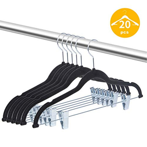 OIKA Clothes Hangers with Clips Premium Velvet for Pant or Non Slip Skirt Hanger-360 Degree Swivel Hook-20 Pack (Black)