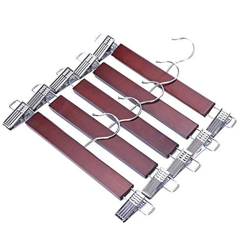 JS HANGER Wooden Pant Skirt Hangers Smooth Walnut Finish Wooden Pant Skirt Hangers with 2-Adjustable Anti-Rust Clips, 5-Pack
