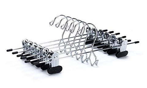 6 Quality Pants Hangers Heavy Duty Add-on Skirt/Slack Metal Hanger, Extra Wide Adjustable Clips, Multi Stackable Add on Hangers, Chrome, Jeans, Bottoms, Set of 6
