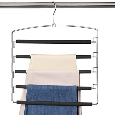 Meetu Pants Hangers 5 Layers Stainless Steel Non-Slip Foam Padded Swing Arm Space Saving Clothes Slack Hangers Closet Storage Organizer for Pants Jeans Trousers Skirts Scarf Ties Towels (1 Pack)