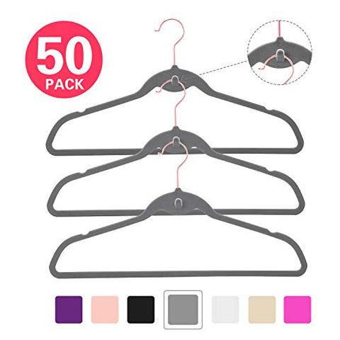 MIZGI Premium Cascading Velvet Hangers (Pack of 50) Heavyduty - Non Slip Hangers with Cascading Hooks Gray- Copper/Rose Gold Hooks,Space Saving Clothes Hangers (Gray)