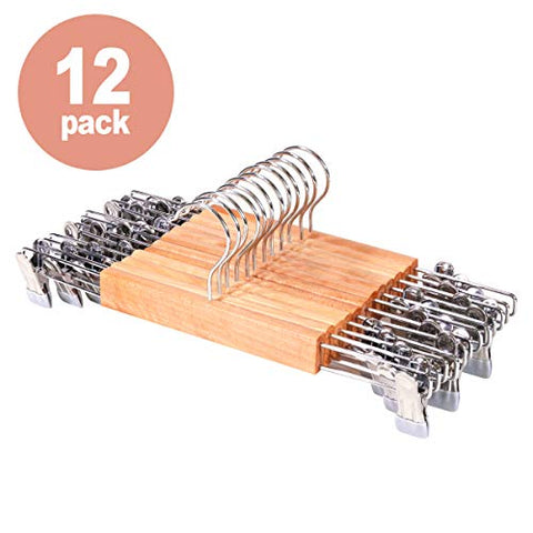 Wood Pant Hangers with Clips 12 Pack, Wooden Skirt Hangers with 360 Degree Chrome Swivel Hook (8.5inches-13.7inches) Ideal for Pants Skirts Trousers