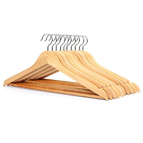 AHHC Solid Cotton Wooden non slip Suit Hanger Organizer for Clothes Pants Bar with Metal Hook (10 Packs)