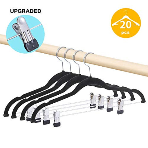 Premium Pants Hangers 20 Pack Non-Slip Velvety Smooth Texture Black PVC Rubber Coated Clips Clothes Hangers With Heavy Duty 360 Swivel Hanger Hook-16.5inch Outfit Hanger Black