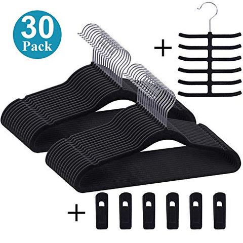 VECELO Premium Velvet Suit Heavy Duty(30 Pack) -Non Slip & Space-Saving Clothes Hangers with 6 Finger Clips & Tie Rack Excellent for Men and Women(Black), Dark