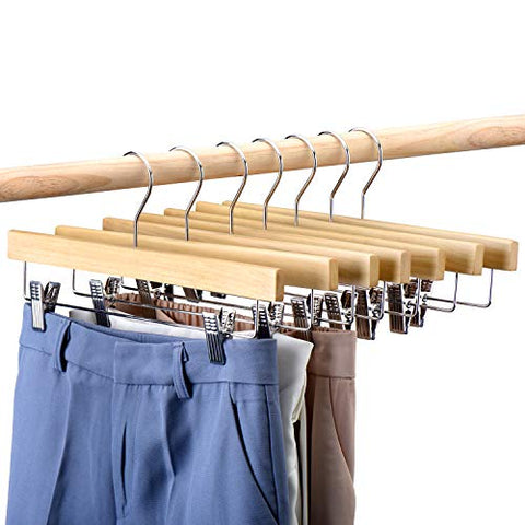 HOUSE DAY Wooden Pants Hangers 25pcs 14inch Wood Skirt Hangers Trousers Bottom Hangers with Adjustable Clips, 360 Swivel Hook, Premium Solid Wood, Natural Wood Hangers Elegant for Closet Organization