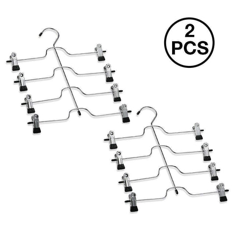 4 Tier Pants Hanger, 2 Pack Trouser Hanger Skirt Hangers with Non Slip Black Vinyl Clips, Heavy Duty Metal Hangers Ultra Thin Space Saving Clothes Hangers to Organize Closet Jeans Scarf Slacks