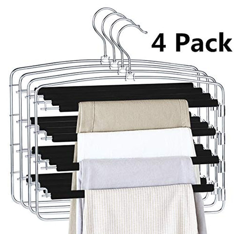 HOMEIDEAS Non Slip Pants Hangers Space Saving Pant Hangers Multi Layers Trousers Hangers Stainless Steel Slack Hangers with Swing Arm, Pack of 4