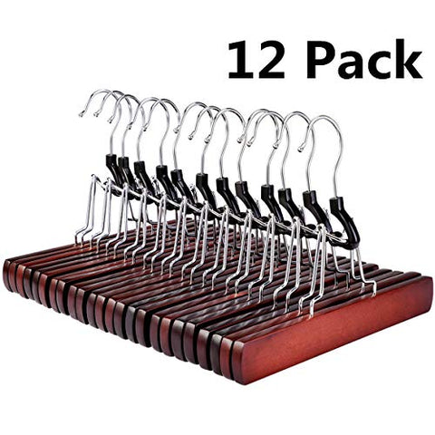 HOMEIDEAS Wood Pants Hangers Non Slip Wooden Pants Hangers Clamp Pants Hangers for Skirts, Slacks & Jeans,10 Inch Set of 12 Red
