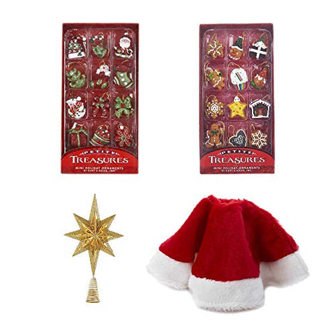 Kurt Adler Mini Christmas Tree Decoration Set: 24-Piece Mini Ornaments with Hangers, Tree Skirt, and Gold Tree Topper