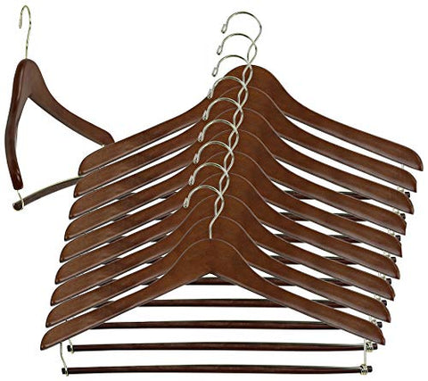 Iconikal 17-Inch Contoured Wood Suit Hanger with Pant Bar, Walnut, 10-Pack