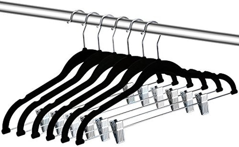 ZOYER Velvet Clothes Hangers with Clips (12 Pack) Velvet Skirt Hangers - Non-Slip Pant Hangers (Black)