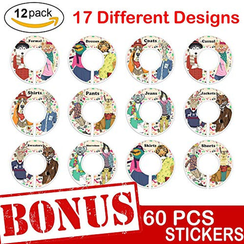 Closet Size Dividers 12 Pack - Clothing Organizer Rack Round Rod Seperator Hangers | Closet Dividers with 30 Double-Sided, 17 Design DIY Stickers with Cute Animal, Flower Themes | Baby,Nursery, Gift
