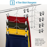ZOBER Space Saving 4 Tier Trouser Skirt Hanger (Set of 3) Sturdy Luxurious Chrome with Non Slip Black Vinyl Clips, Multi Pants Hanger for Skirts, Pants, Slacks, Jeans, and More.