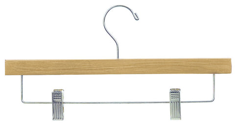 14" Flat Wood Pant or Skirt Hangers, Natural, W/ Chrome Bar and Clips